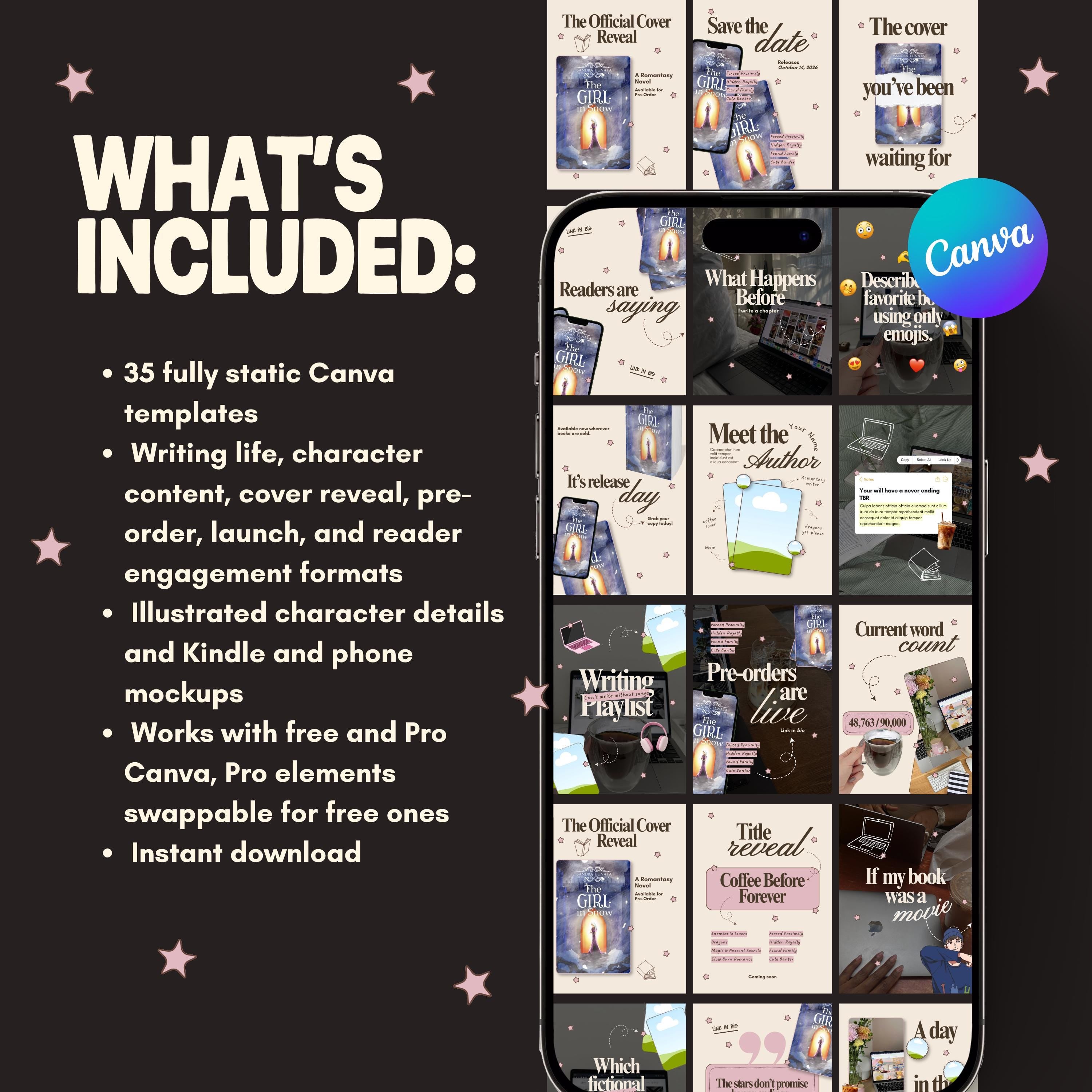 Author Instagram Templates Canva | Romance Book Launch Social Media Pack
