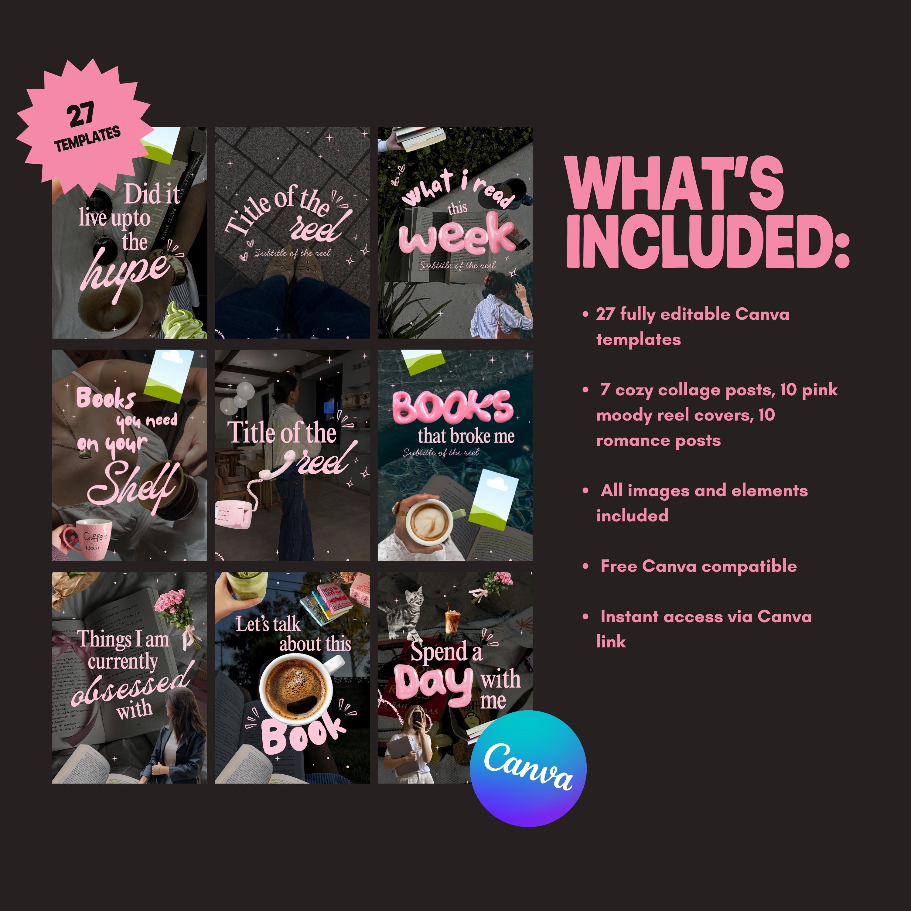 27 Romance Canva Templates | Cozy Collage, Pink Moody Reels, Bookstagram Posts
