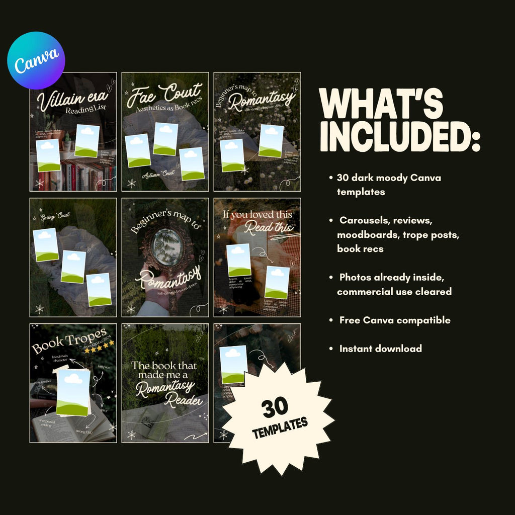 Romantasy Canva Templates for Bookstagram | Dark Moody Book Instagram | Fantasy Romance Creator Pack