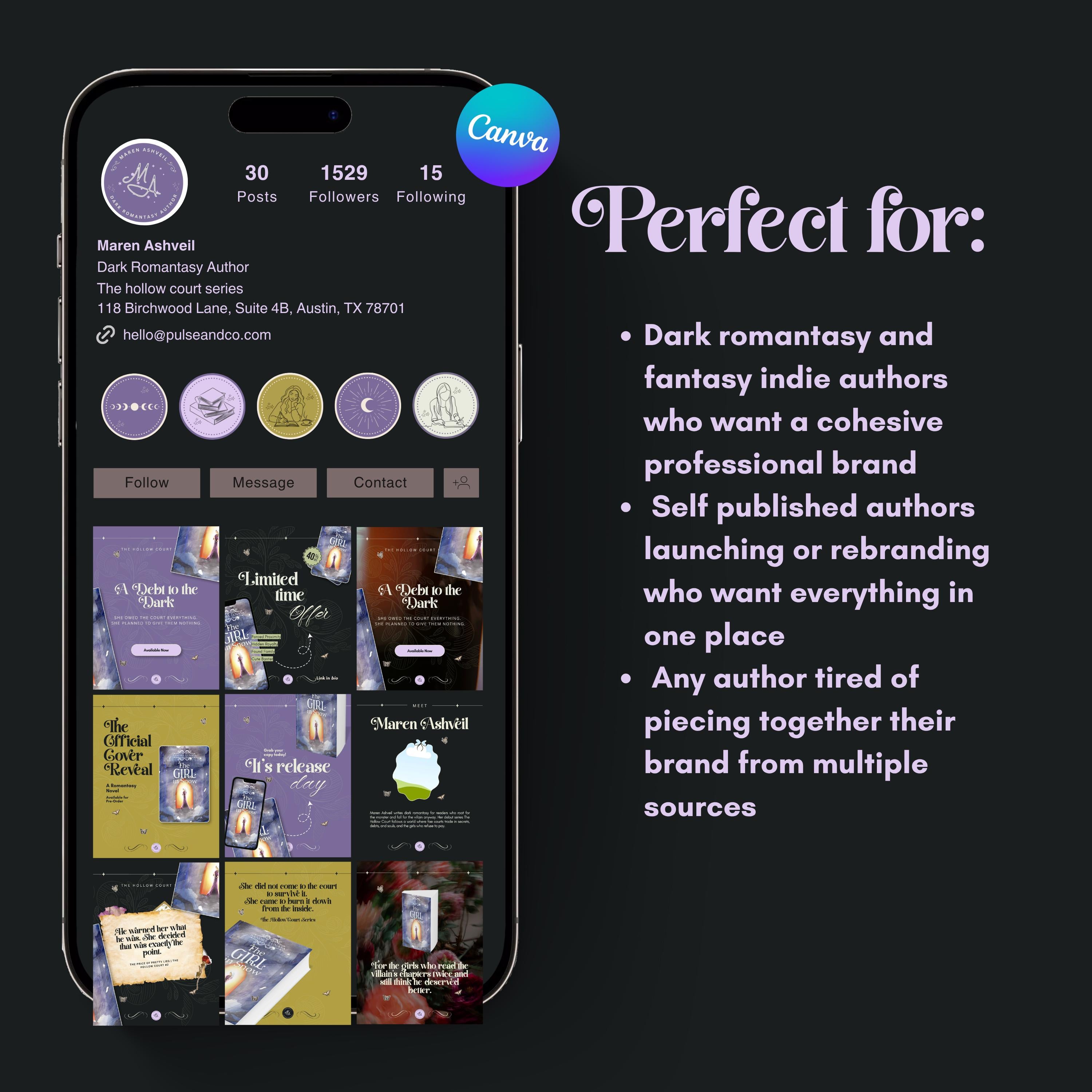 Dark Romantasy Author Branding Kit Canva Templates | Logo, Media Kit, Business Card