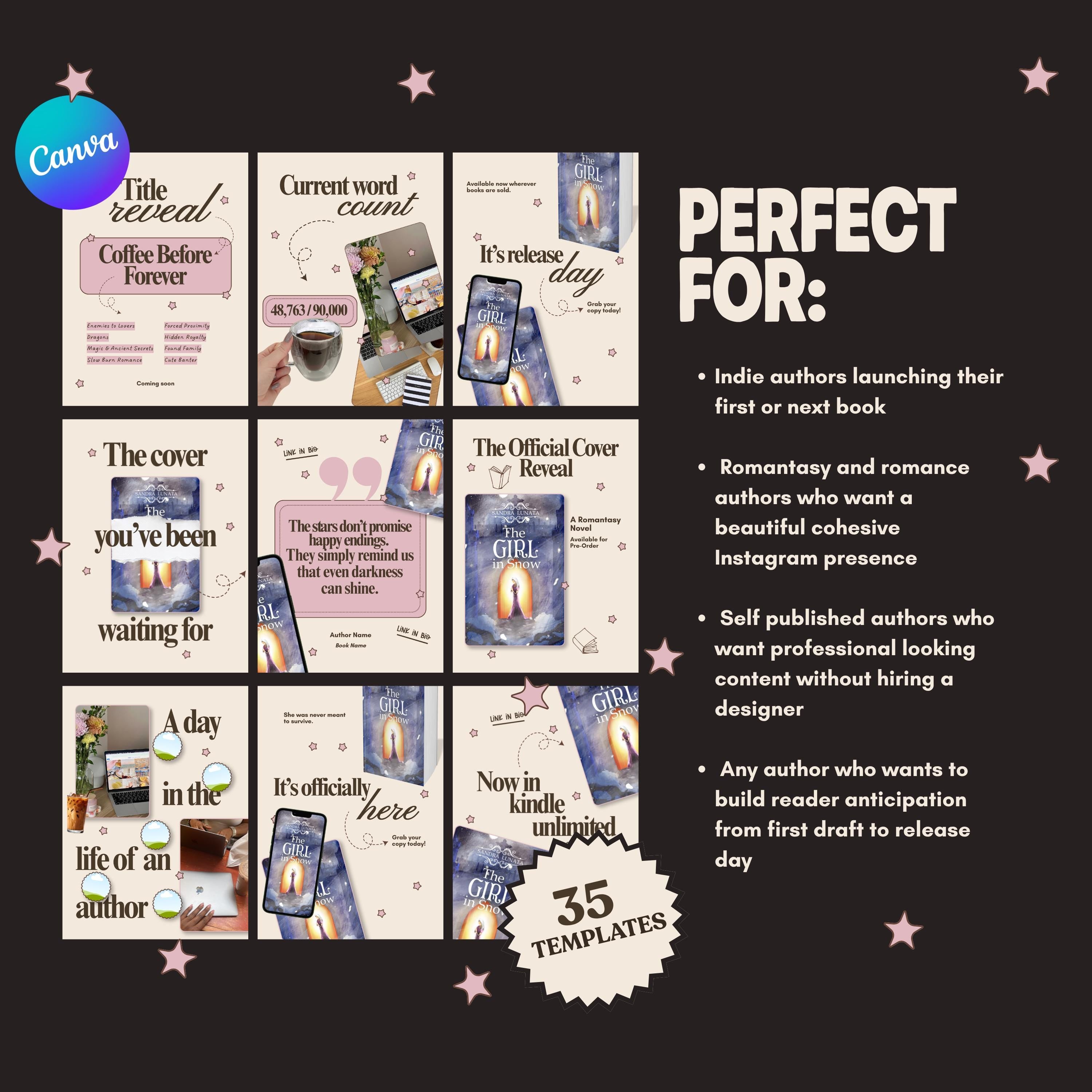 Author Instagram Templates Canva | Romance Book Launch Social Media Pack