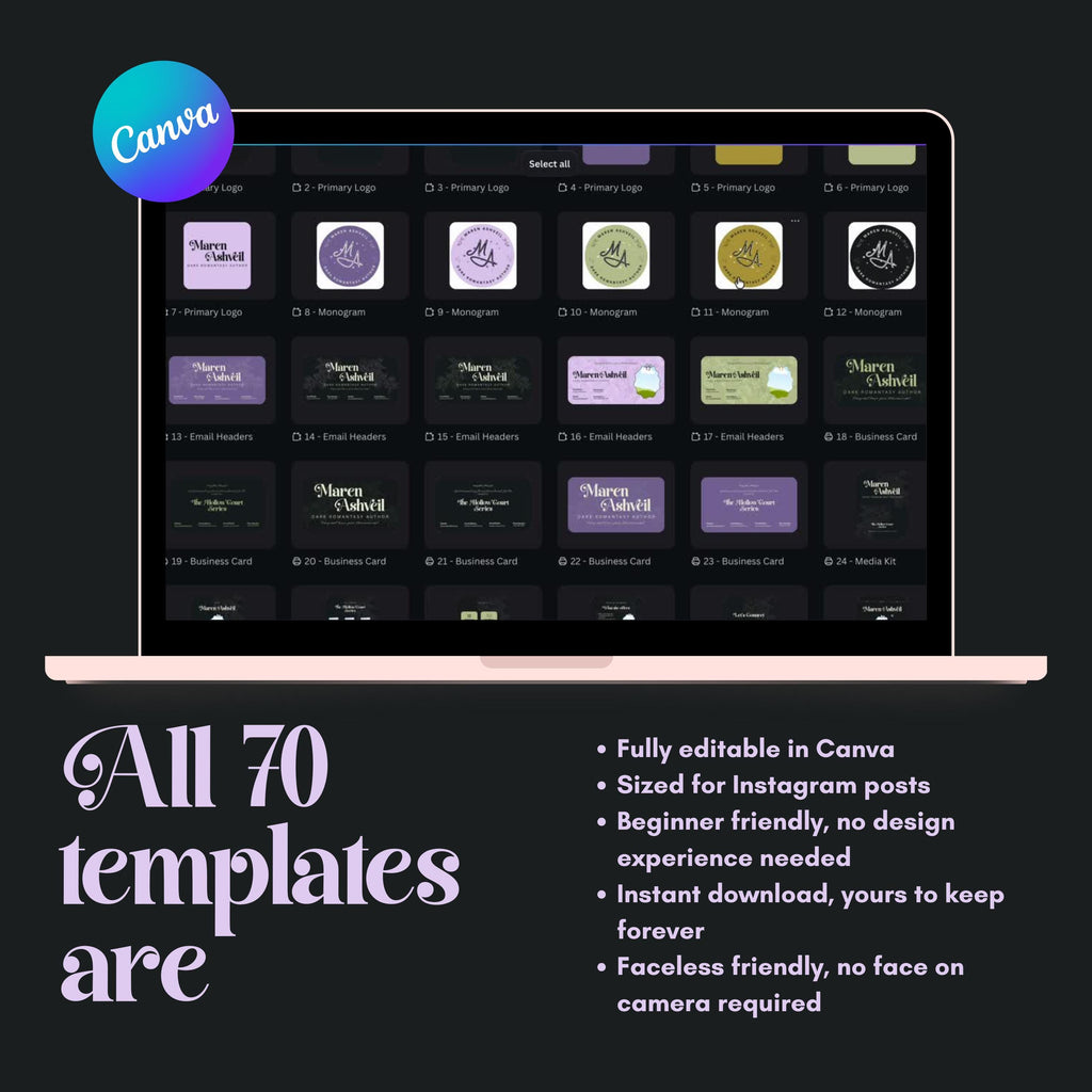 Dark Romantasy Author Branding Kit Canva Templates | Logo, Media Kit, Business Card