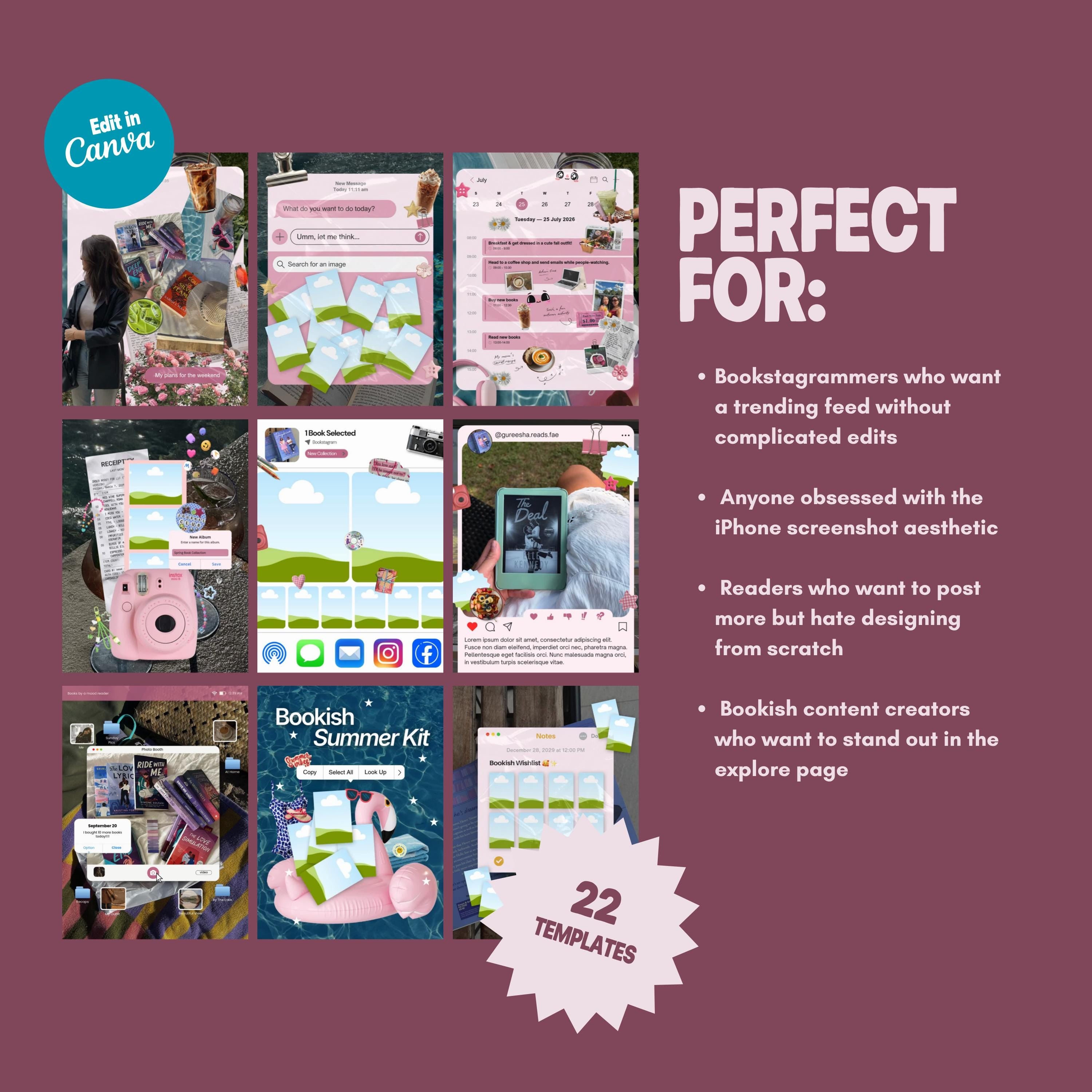 Bookish iPhone Canva Templates for Bookstagram | Notes App Templates | Instagram UI | Instant Download