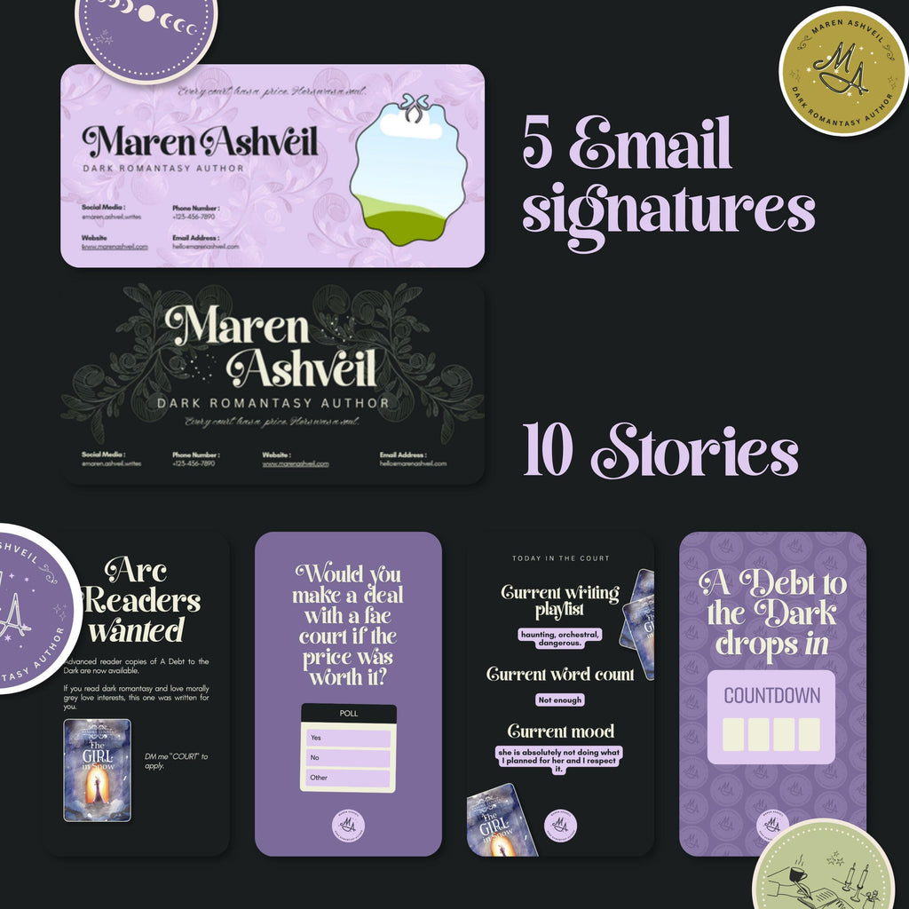 Dark Romantasy Author Branding Kit Canva Templates | Logo, Media Kit, Business Card