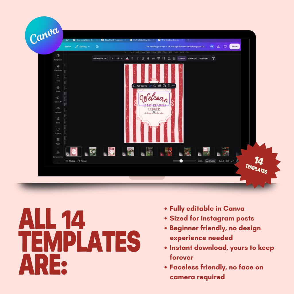 Romantic Bookstagram Canva Templates | Red Stripe Lace | Romance Reader with Fonts