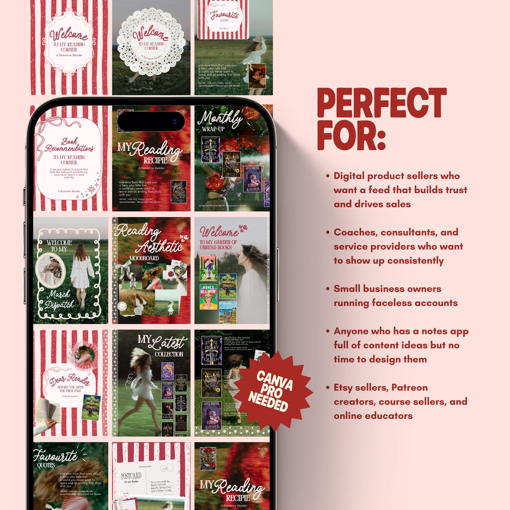 Romantic Bookstagram Canva Templates | Red Stripe Lace | Romance Reader with Fonts