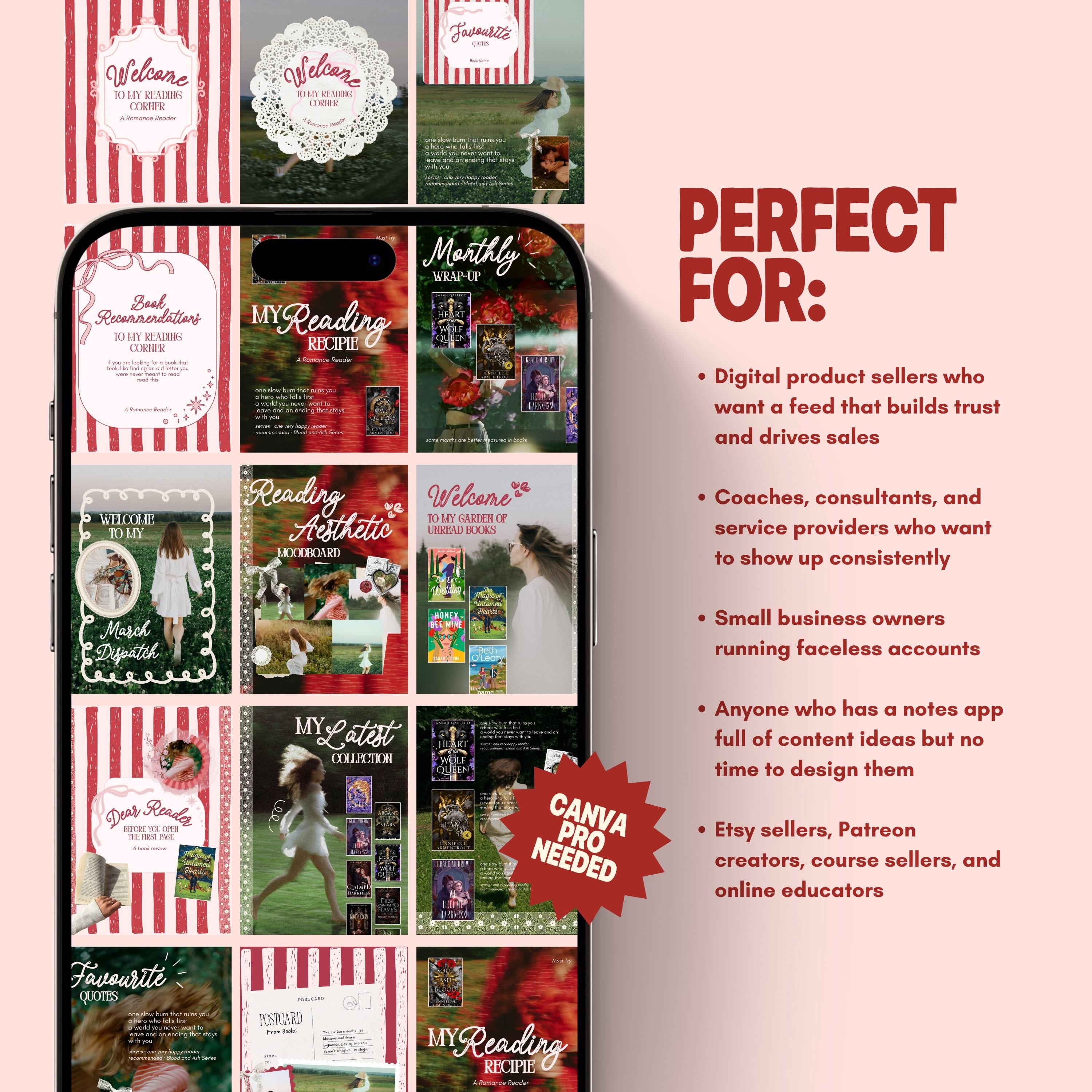 Romantic Bookstagram Canva Templates | Red Stripe Lace | Romance Reader with Fonts