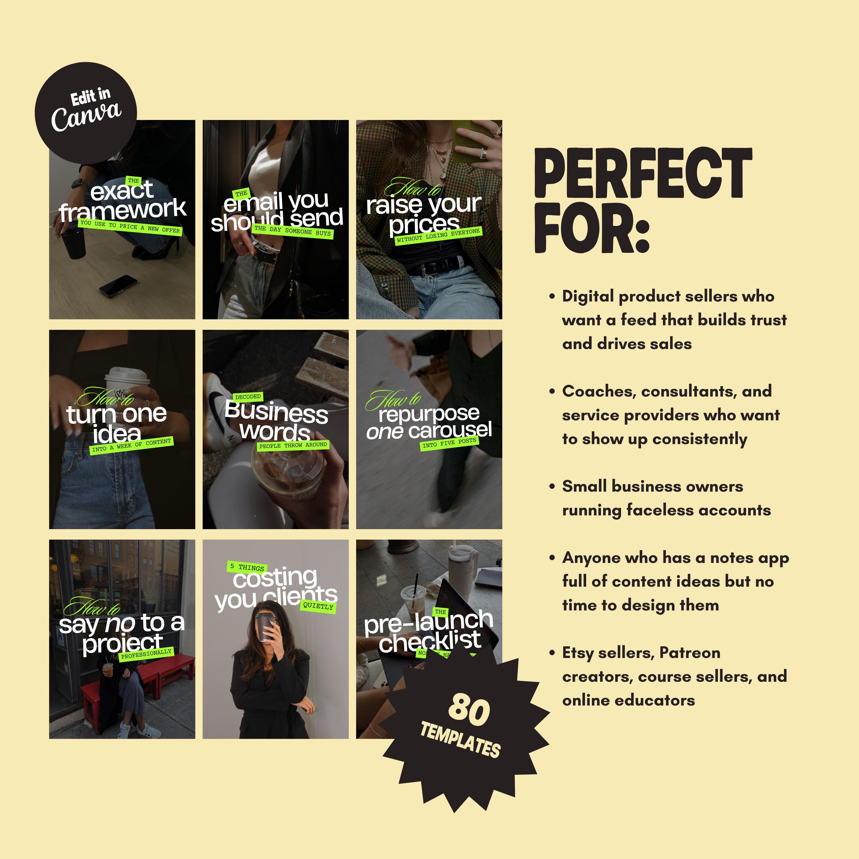 Canva Templates for Female Entrepreneurs | Business Instagram | Faceless Content Creator Pack | Digital Product Seller