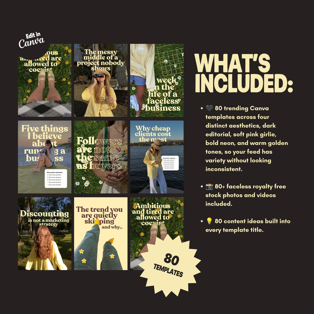 Canva Templates for Female Entrepreneurs | Business Instagram | Faceless Content Creator Pack | Digital Product Seller