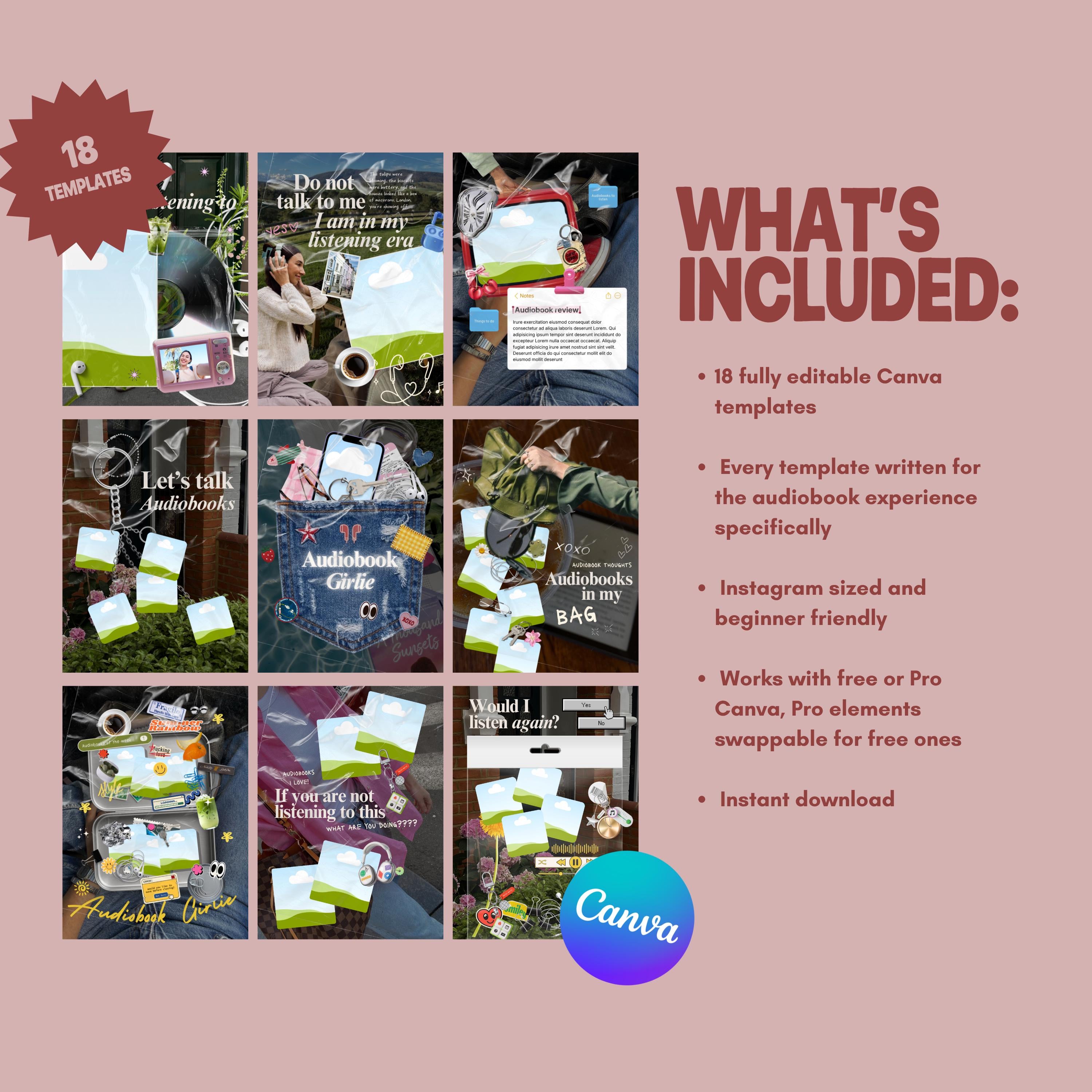 Audiobook Canva Templates for Bookstagram | Girlie Instagram | Book Lover Content Creator Pack | Instant Download